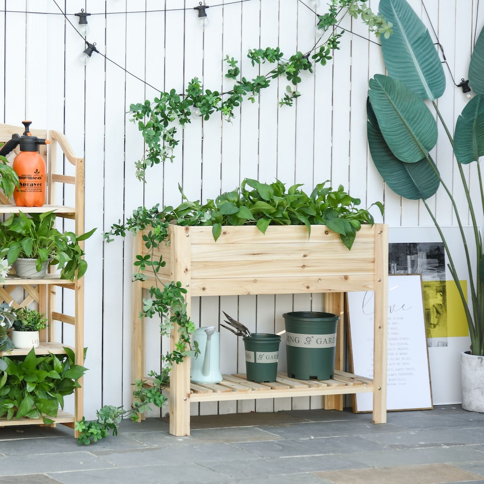image 1 of Outsunny Wooden Raised Garden Bed Plant Stand Box with Clapboard 100 x 40 x 84cm