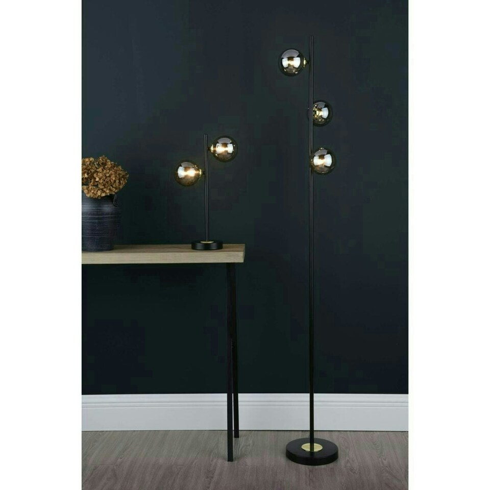 image 1 of Eaen 3 Light Black and Gold Floor Lamp with Smoked Glass