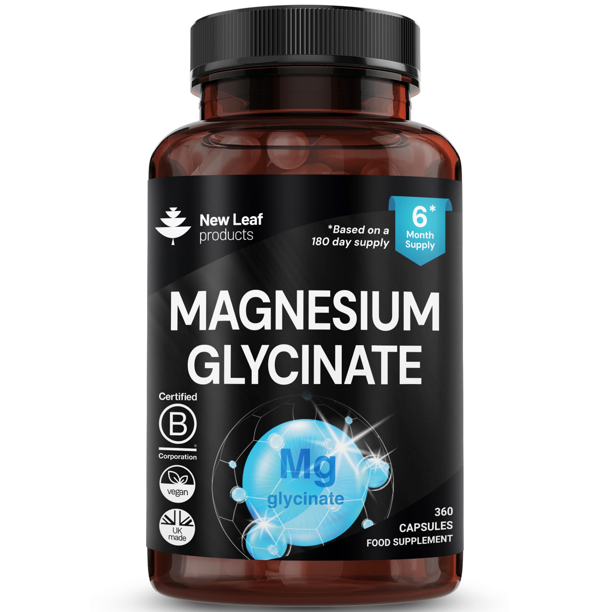 New Leaf Magnesium Glycinate High Strength Capsules 1040mg - 360 Vegan Capsules
