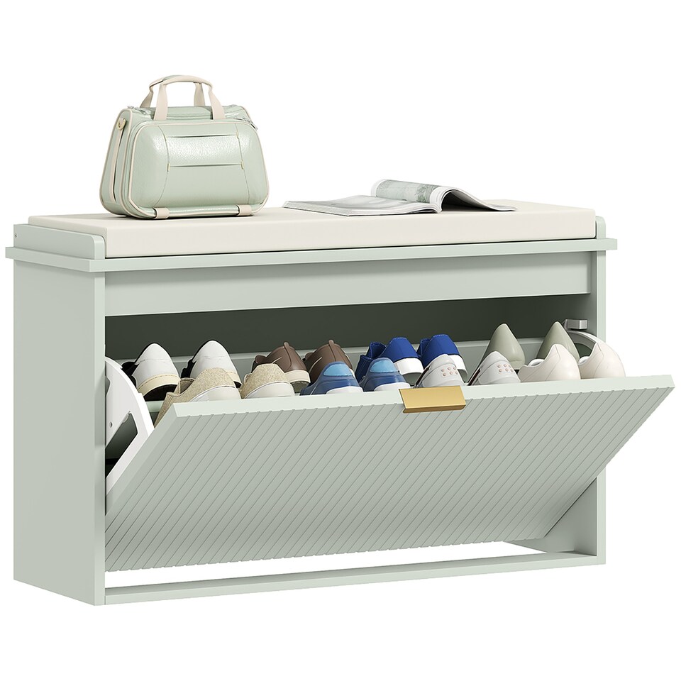 image 1 of HOMCOM Shoe Bench with Padded Seat Cushion and Flip-Drawer, Shoe Cabinet Holds up to 120kg for Hallway, Entryway and Porch, 80x26x47.5cm, Green | Green | Green