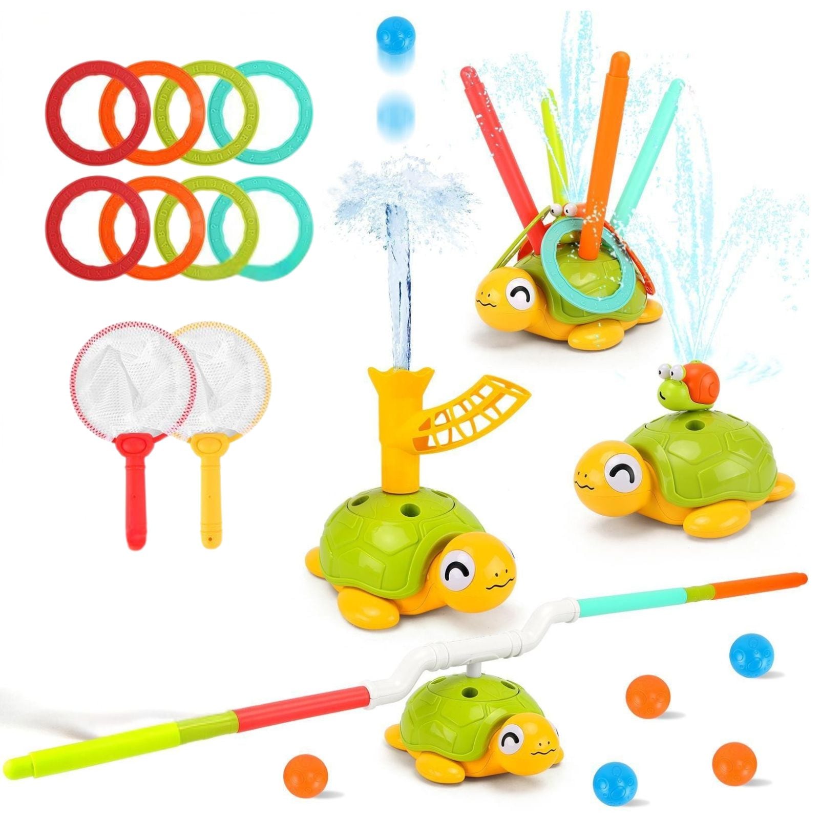 Kids Turtle Water Sprinkler Play Set with Rings, Nets & Balls - Outdoor Splash Toy for Toddlers
