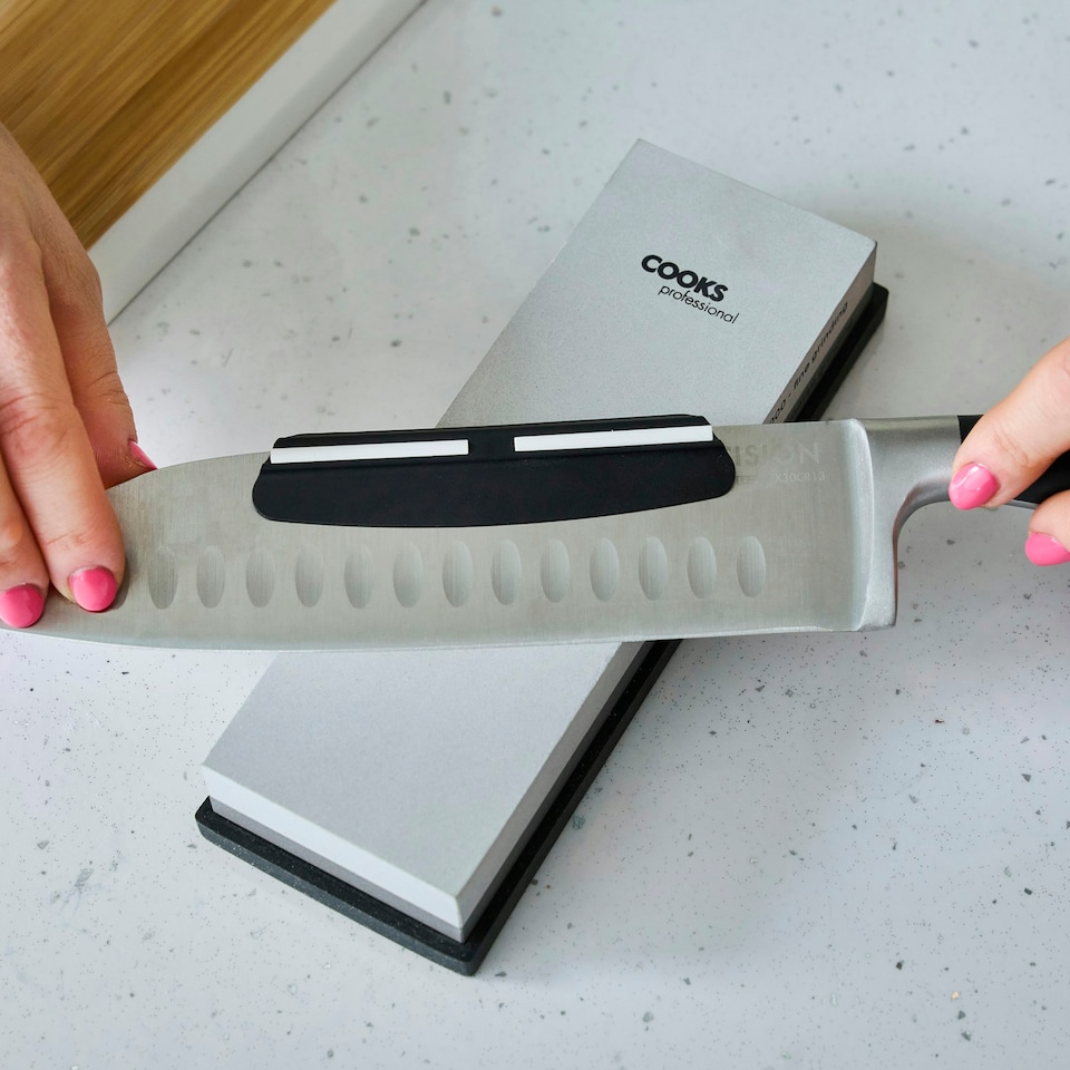 image 1 of Cooks Professional Whetstone Knife Sharpener with Non-Slip Stand & Angle Guide | Dual Design with Coarse (600) and Fine (2000) Grit Levels