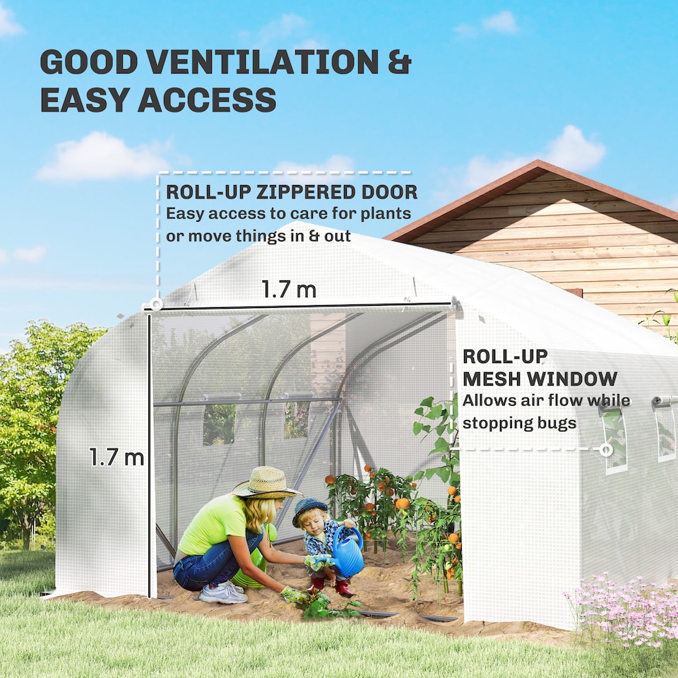 image 1 of Outsunny Walk-In Polytunnel Greenhouse w Roll Up Door Windows, 4.5x3x2 m White