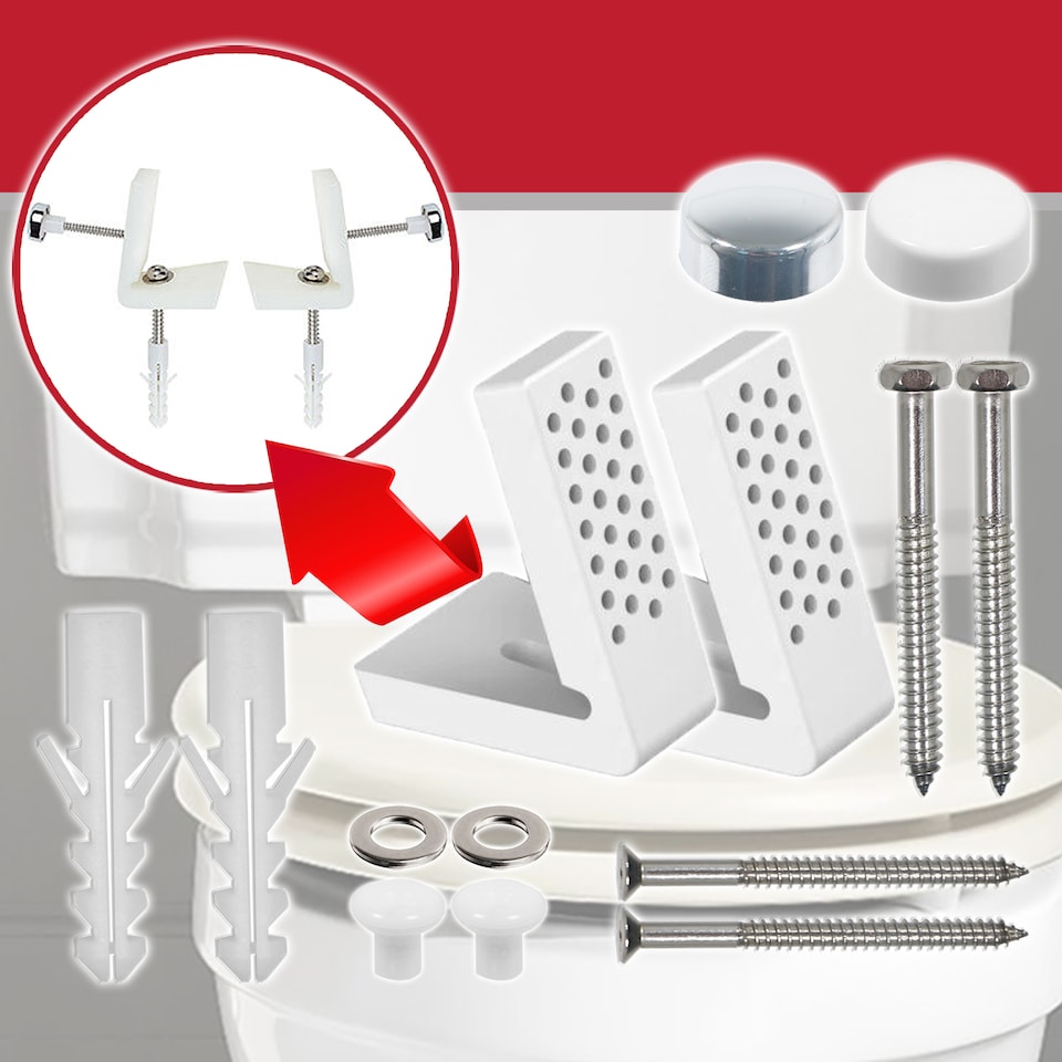 image 1 of SPARES2GO Toilet Pan Fixing Kit Angled Floor WC Bidet Basin Bathroom Bracket Set (White and Chrome Silver Cap Covers)