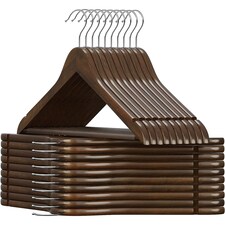 20-Pack Wooden Clothes Hangers with Shoulder Notches, Trouser Bar and Swivel Hook, Dark Walnut
