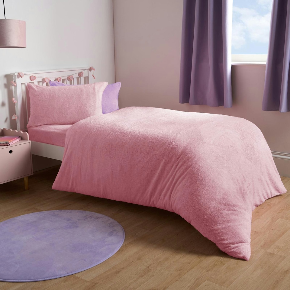 image 1 of OHS Luxury Teddy Fleece Reversible Duvet Cover and Pillowcase Bedding Set | Multi | Pink/Lilac | Single