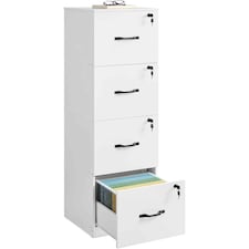 Home Office File Cabinet with 4 Lockable Drawers, Printer Stand and Hanging File Storage, Cloud White