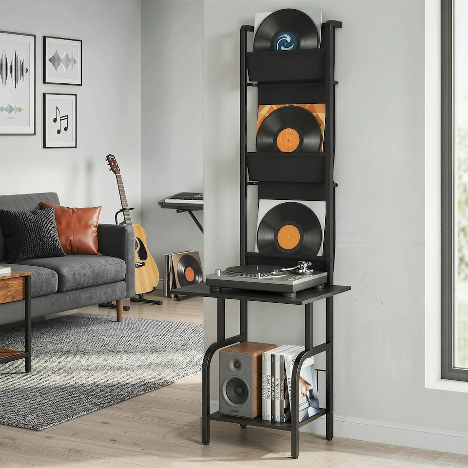 image 1 of HOMCOM Vinyl Record Player Stand with Oxford Pockets, Black