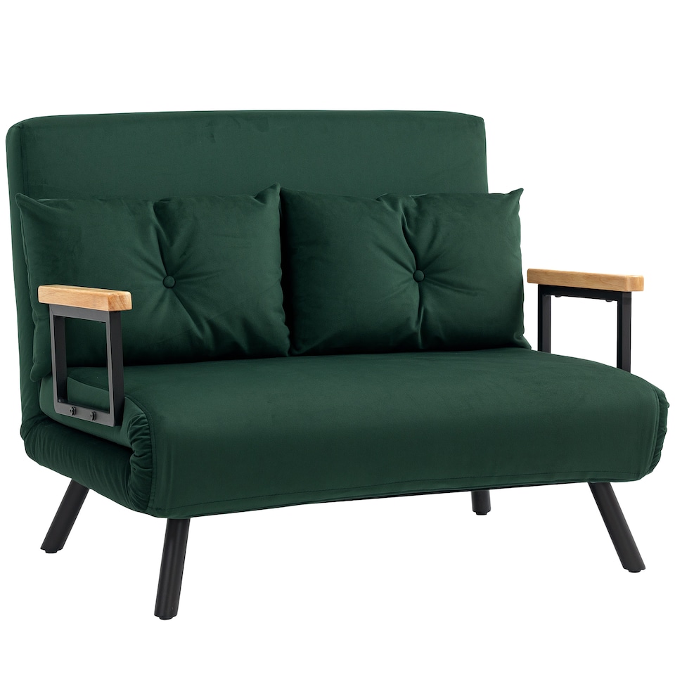 image 1 of HOMCOM 2 Seater Sofa Bed, Click Clack Convertible Bed Settee, Modern Velvet Feel Fabric Sofa Couch with 2 Tufted Cushions, Wood Armrests for Living Room, Bedroom, Guest Room, Green | Green | green | One Size