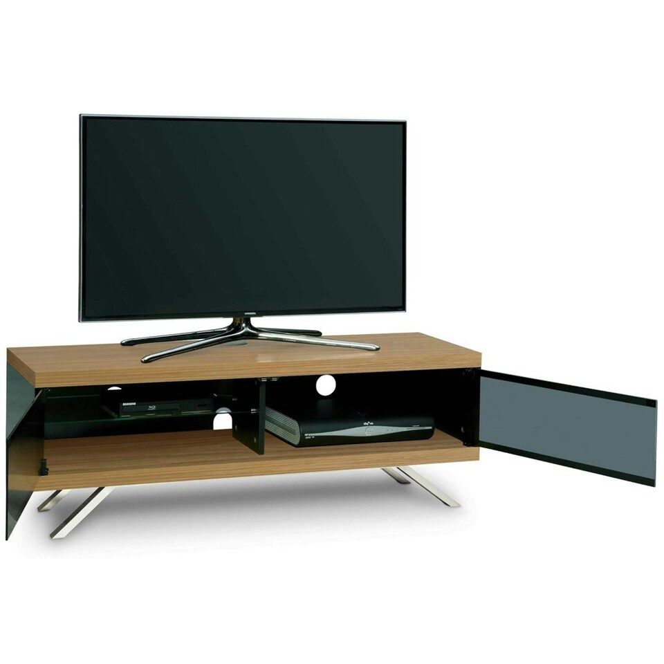 image 1 of MDA Designs TUCANA 1200 HYBRID Black Oak TV Cabinet BeamThru Remote-Friendly Doors for up to 60" Flat Screen TVs Media Centre Brown
