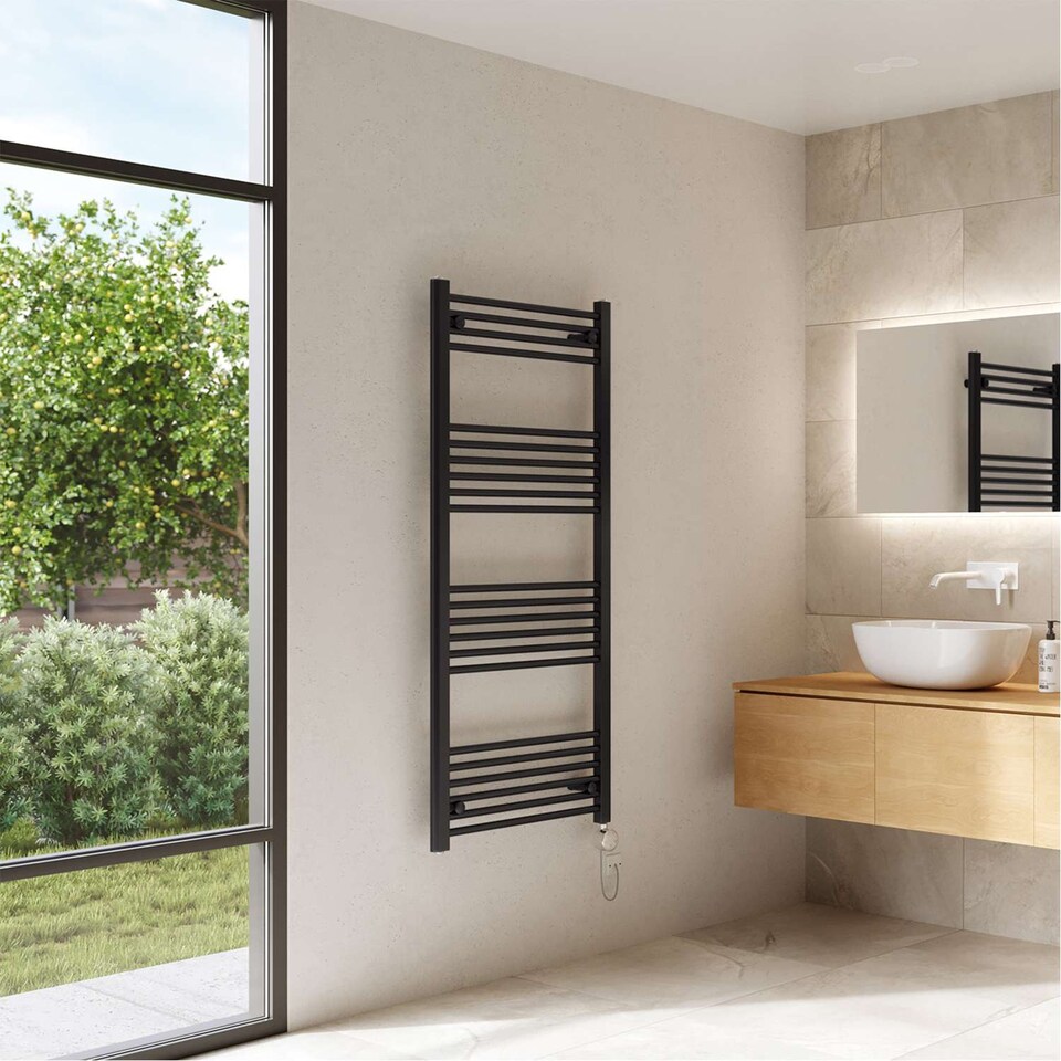 image 1 of Zennor Straight Electric Towel Rail Thermostatic Heated Bathroom Radiator - Black (H) 1400mm x (W) 600mm - 700W