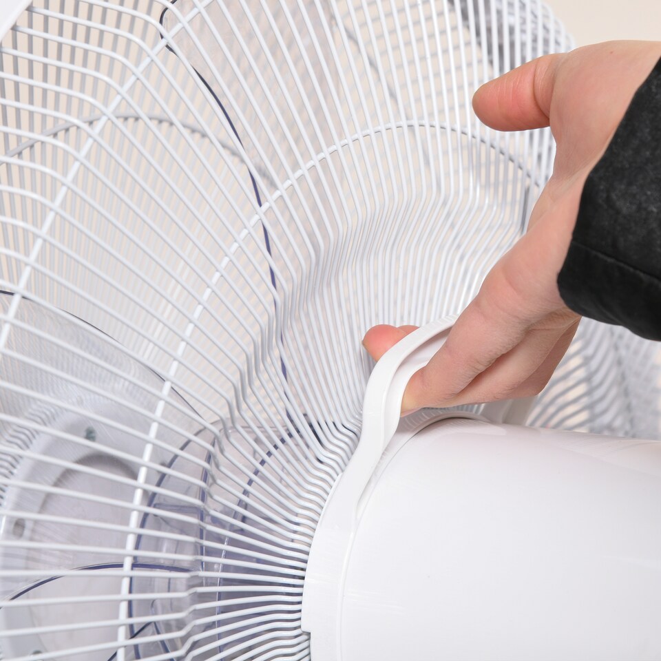 image 1 of HOMCOM 16 Pedestal Stand Fan, 3 Speed 3 Mode, 85 Degree Oscillation, LED Panel, 3M Remote Controller, Height Adjustable for Living Room, Bedroom, Garage, Office, Black and White