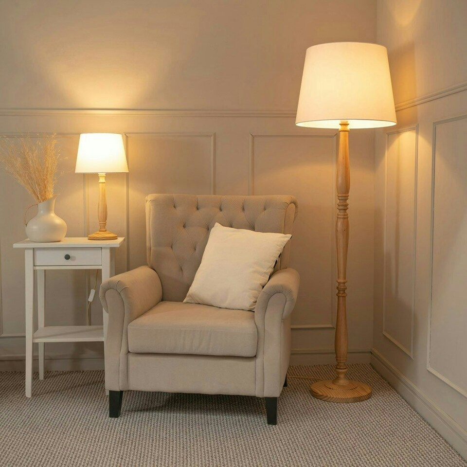image 1 of ValueLights Victoria Light Wood Traditional Table Lamp with White Fabric Tapered Shade and LED Bulb