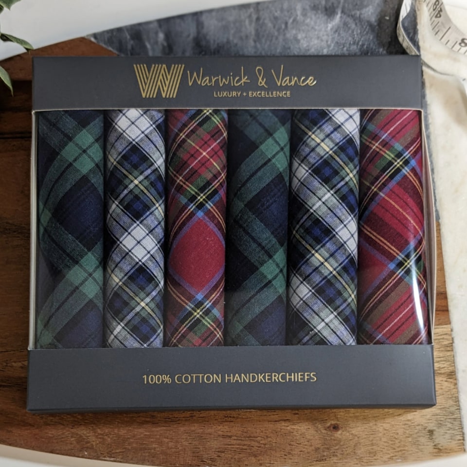 image 1 of Warwick & Vance Pack Of 6 Tartan Design Cotton Handkerchiefs