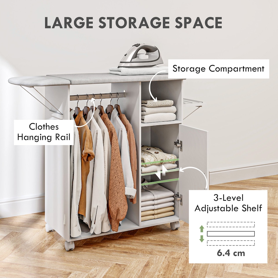 image 1 of HOMCOM Rolling Ironing Board Cabinet, Foldable Ironing Station with Storage