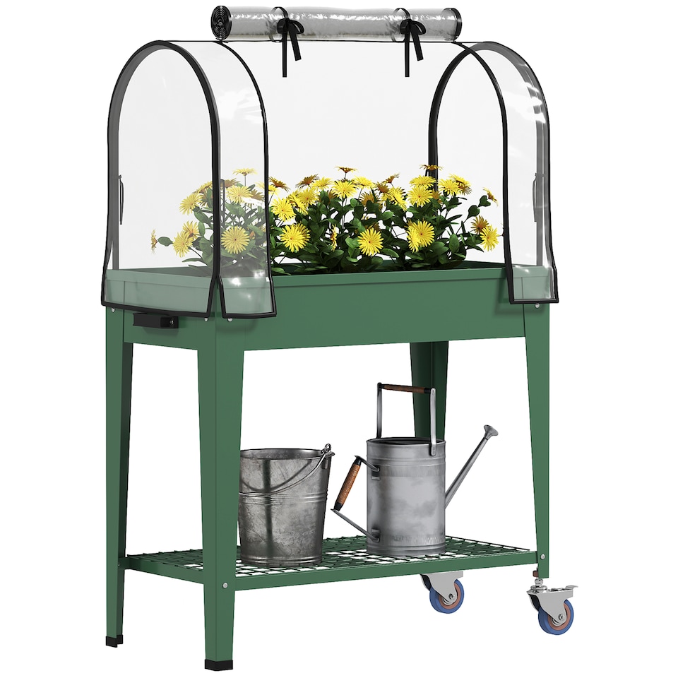 image 1 of Outsunny Mobile Raised Garden Bed with Greenhouse Cover, Green | Green | Green