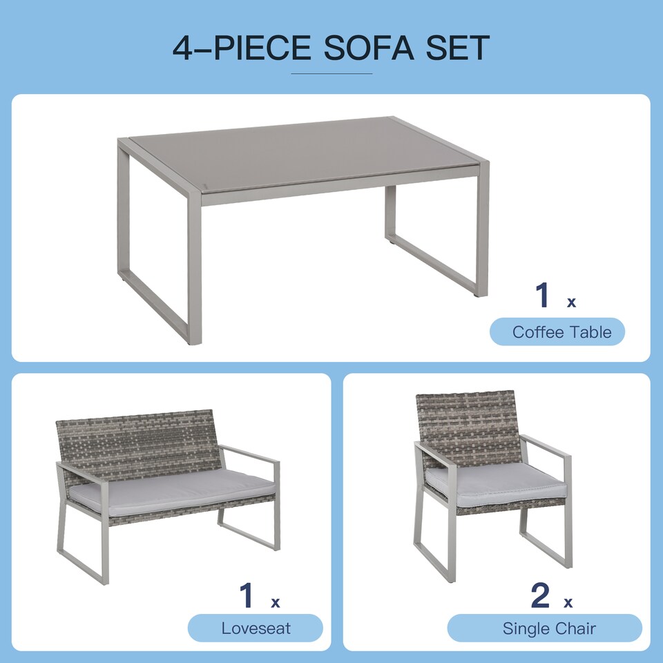 image 1 of Outsunny 4PC Rattan Garden Furniture Set 2 Single Sofa Arm Chairs 1 Bench with Cushions & Coffee Table Patio Backyard Wicker Weave