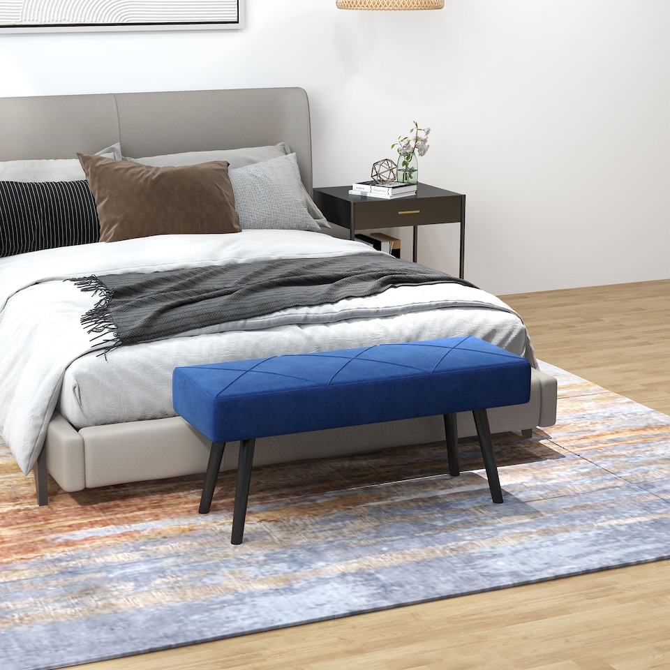 image 1 of HOMCOM End of Bed Bench with X-Shape Design and Steel Legs, Upholstered Hallway Bench for Bedroom, Blue