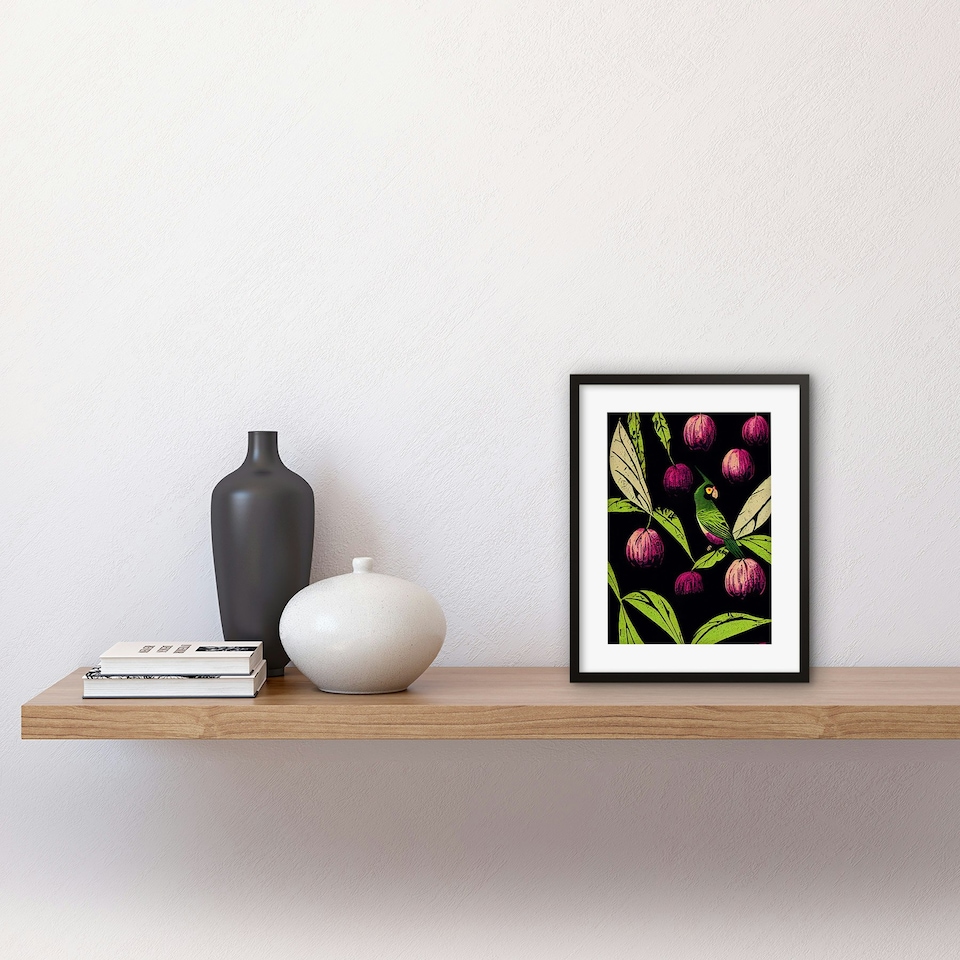 image 1 of Parrot Tree Fruit Green Purple Black Modern Vintage 9x7" Black Framed Wall Art Print