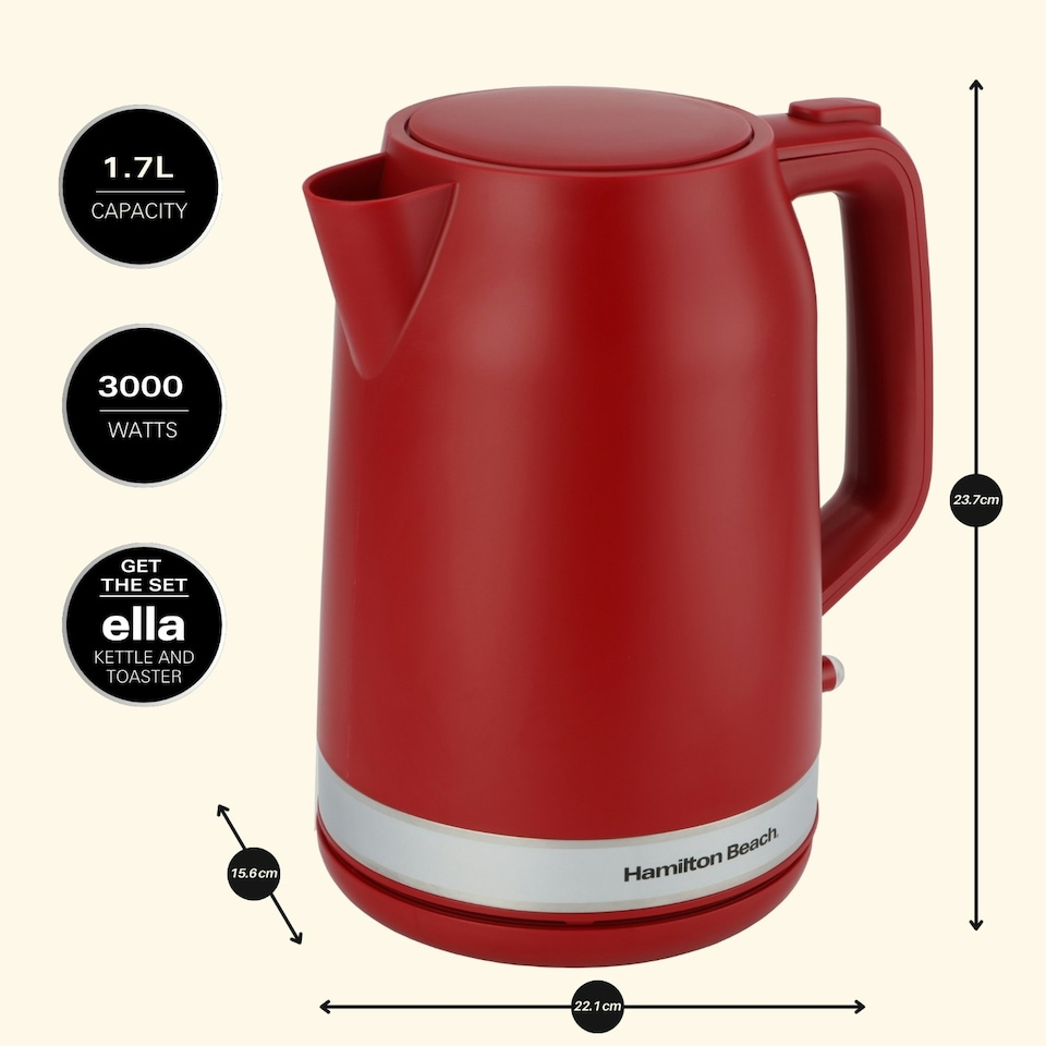 image 1 of Hamilton Beach Kettle, Toaster & Microwave Set, Ella, 1.7L Electric Kettle, Wide Slot Toaster 2 Slice, Microwave, 20L Retro, Kettle & Toaster Set, Red