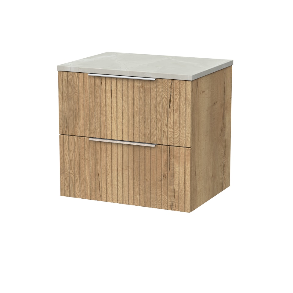 image 1 of Balterley Callingwood Contemporary Wall Hung 2 Drawer Vanity Unit with Marble Plaster Laminate Worktop , 600mm, Autumn Oak