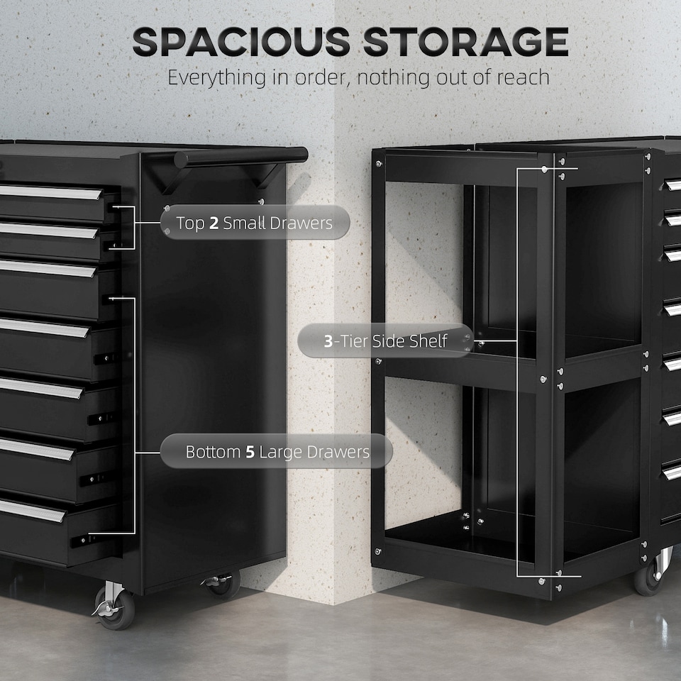image 1 of HOMCOM 7 Drawer Lockable Steel Tool Chest on Wheels for Workshop, Black