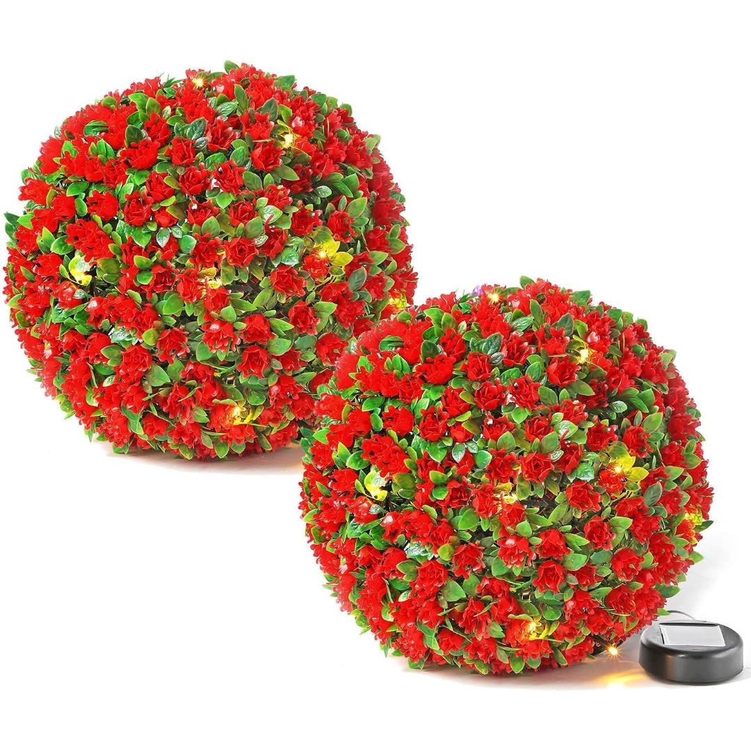 MantraRaj Solar Powered Topiary Ball 20 LED Flower Lights 25cm Dual Function Great For Outdoor Decorations Pack of 2 (Red)