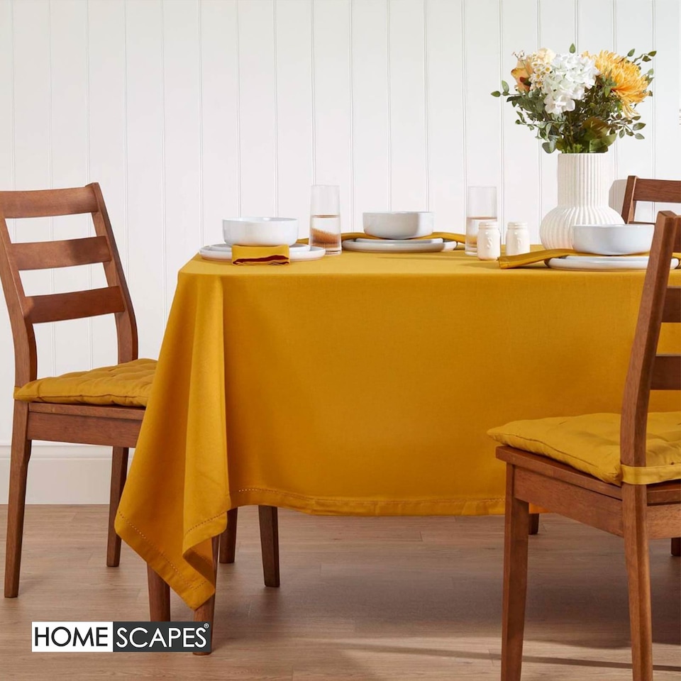 image 1 of Homescapes Mustard Yellow Cotton Square Tablecloth - 137 x 137 cm | Yellow | 137cm x 137cm (54" x 54")