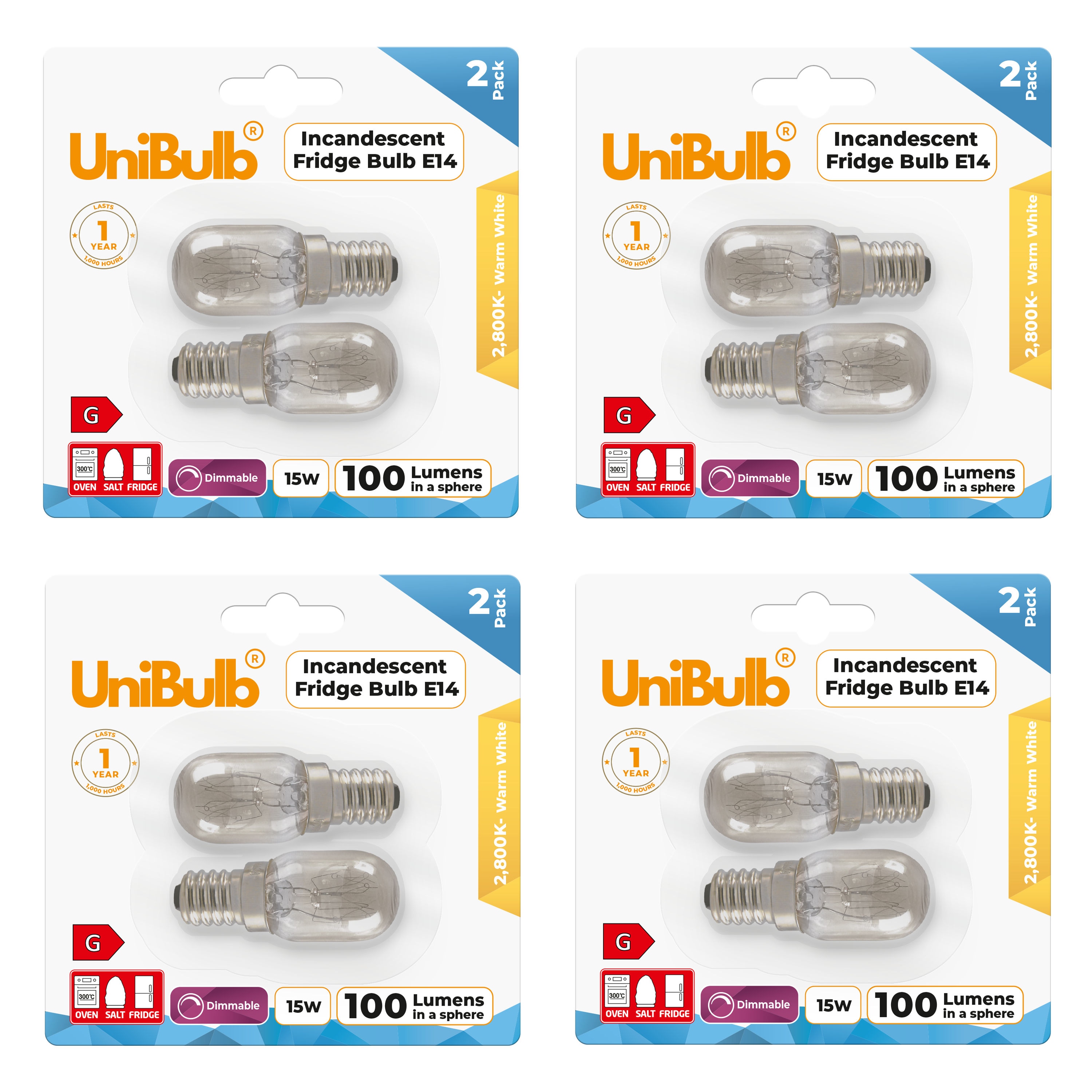 UniBulb Fridge / Oven / Salt Lamp Pygmy E14 Small Edison Screw (SES) 100lm 15W 2800K (Warm White) Incandescent Dimmable Light Bulbs - Pack of 8