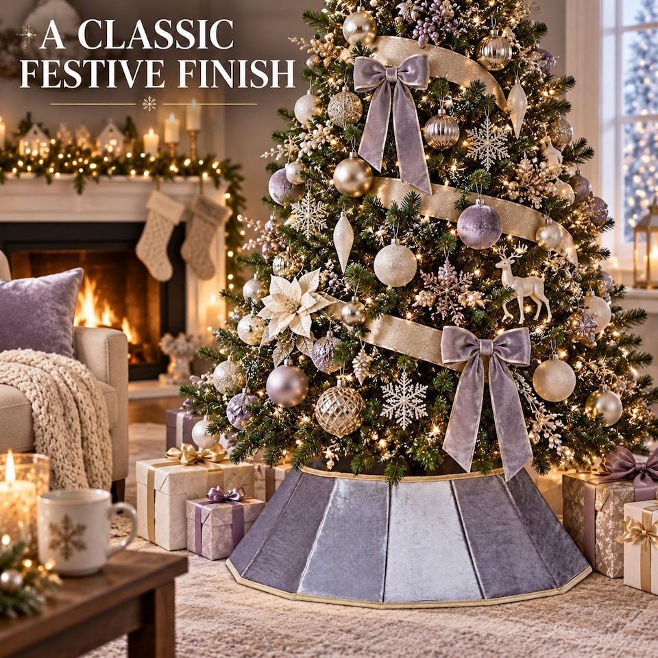 image 1 of 26.8 Inch Silver Diamond Shape Christmas Tree Collar Velvet Foldable Stand Cover