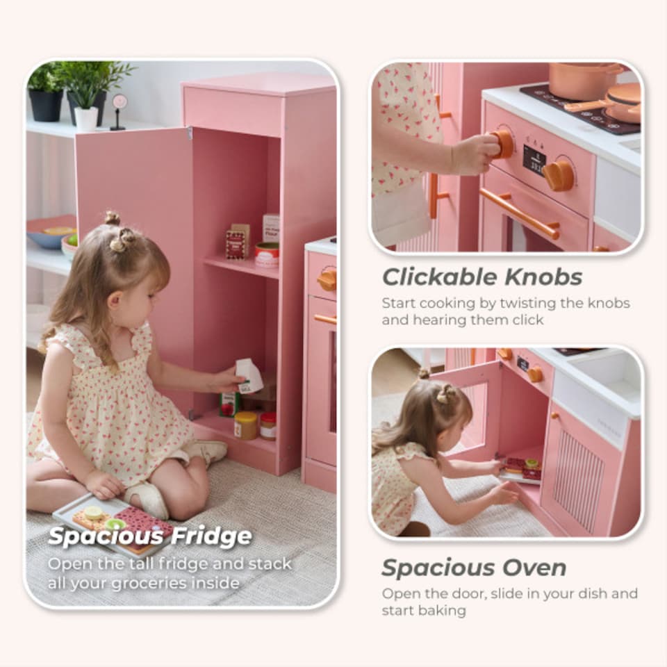 image 1 of Teamson Kids Little Chef Chester Play Kitchen in Peach with Fridge, Stove, 12 Accessories, Shelves & Hooks