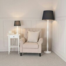 ValueLights Victoria White Wood Traditional Stem Table Lamp with Black Fabric Tapered Shade and LED Bulb