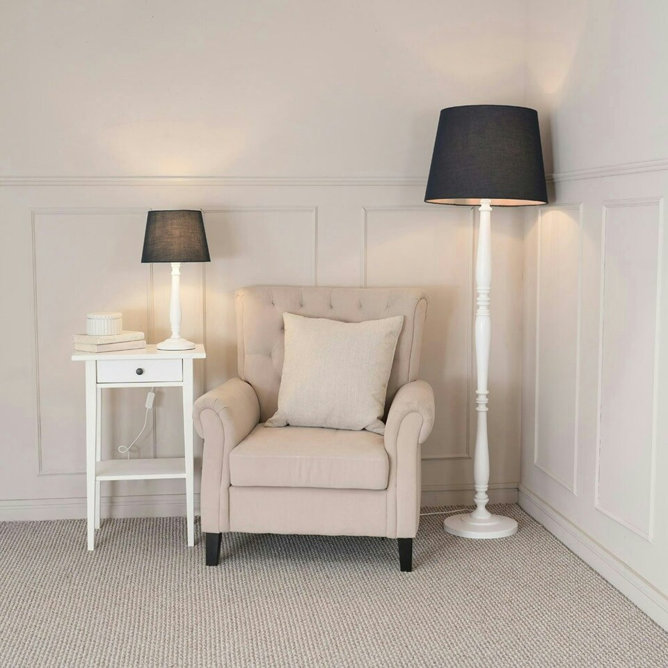 image 1 of ValueLights Victoria White Wood Traditional Stem Table Lamp with Black Fabric Tapered Shade and LED Bulb