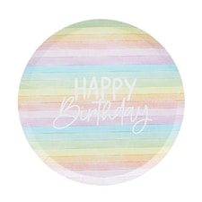 Pastel Rainbow Stripes Happy Birthday Eco Round Paper Plates 23cm - Pack of 8 Multi