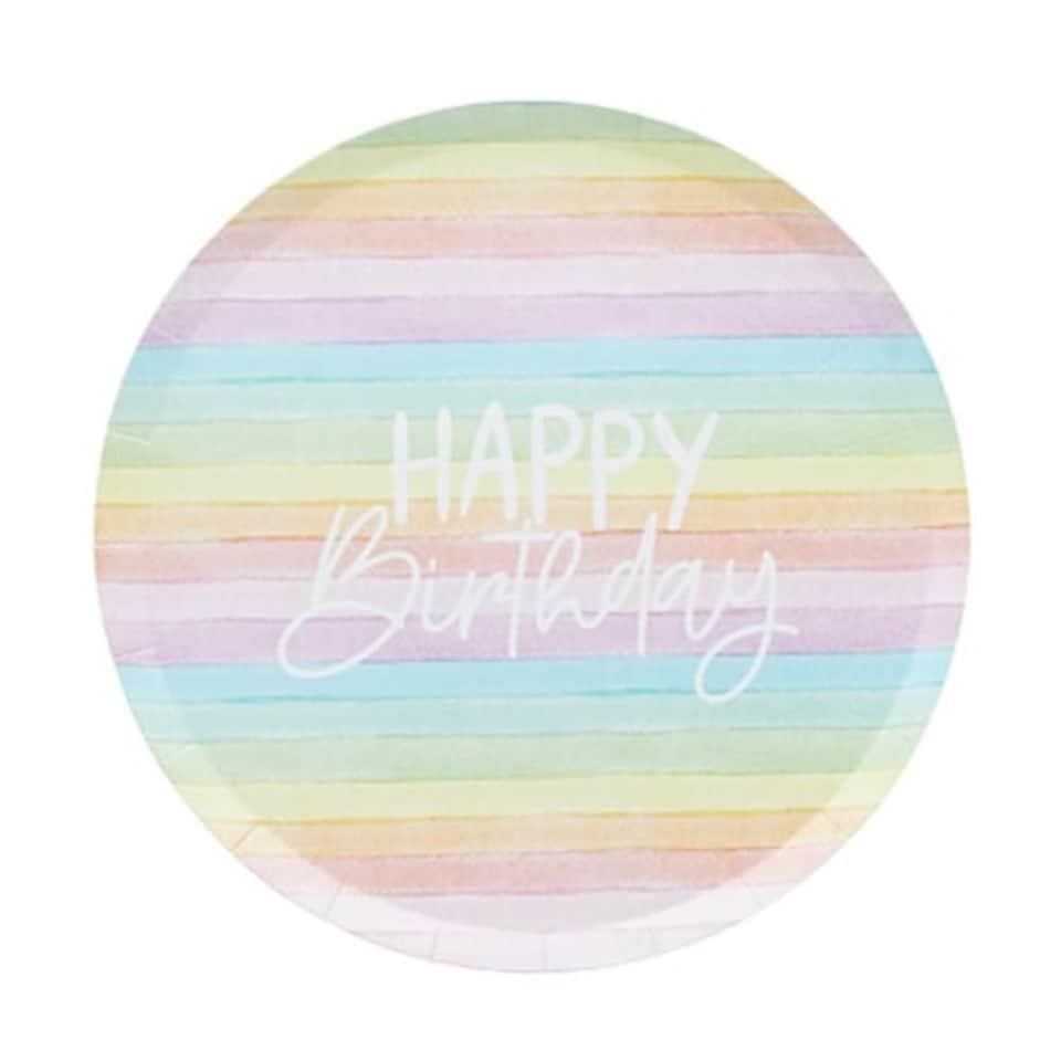 image 1 of Pastel Rainbow Stripes Happy Birthday Eco Round Paper Plates 23cm - Pack of 8 Multi