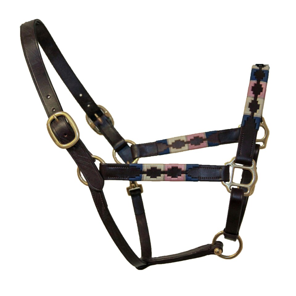Blenheim Leather Polo Horse Headcollar - Pink/Natural/Navy - Full