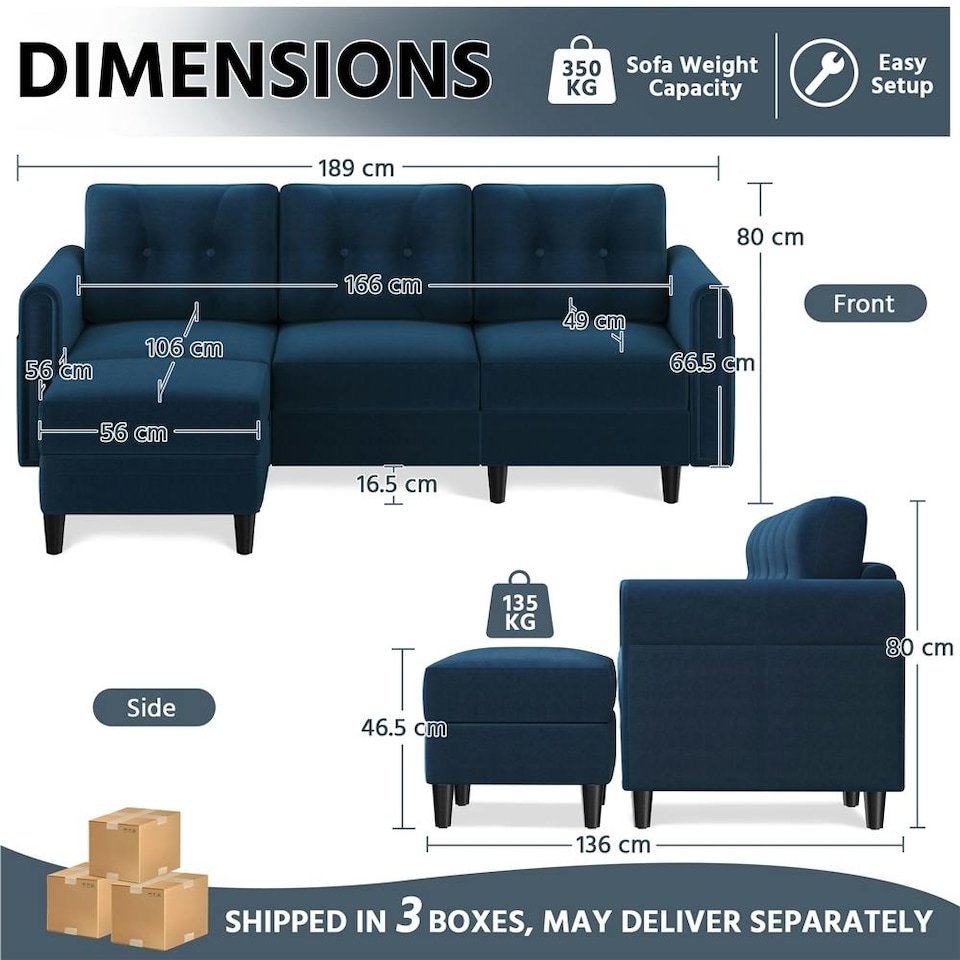 image 1 of Yaheetech 189 cm W 3-Seater Sofa with Ottoman | Blue | Three Seater