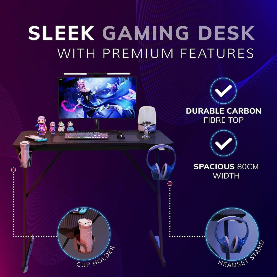 image 1 of House of Home Gaming Desk Carbon Fibre Top Black 80cm Black