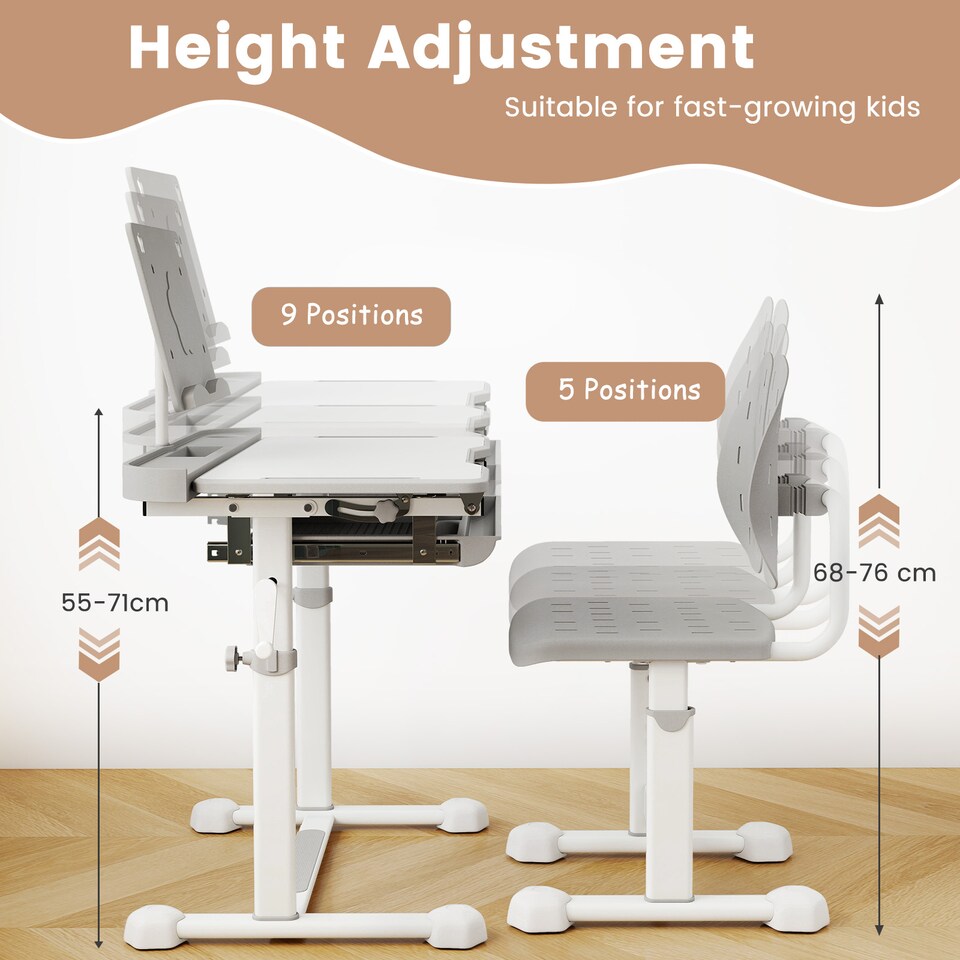image 1 of COSTWAY Kids  Study Desk & Chair Set Height-Adjustable Children Study Desk-Grey