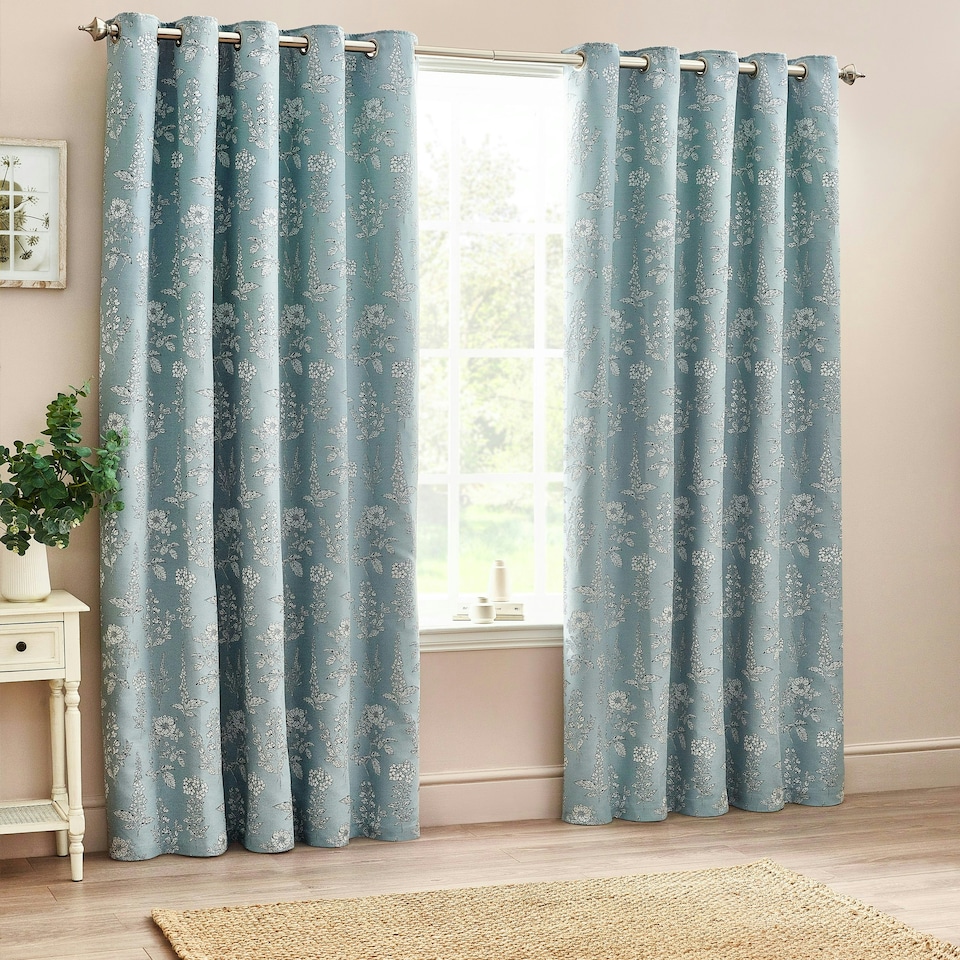 image 1 of Wylder Floral Jacquard Blue Eyelet Curtains (W)229cm x (D)137cm | Multi