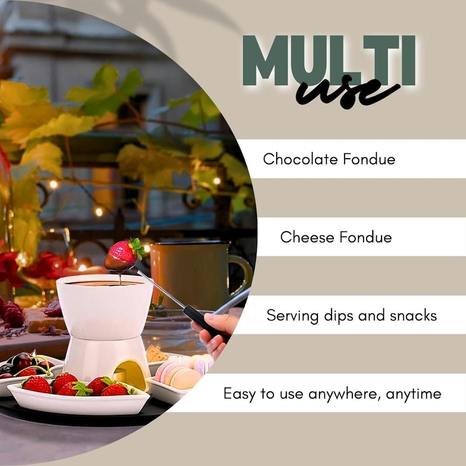 image 1 of Marco Paul 10pc White Ceramic Chocolate Fondue Set with Stainless-Steel Forks and 4 Half Moon Serving Dishes