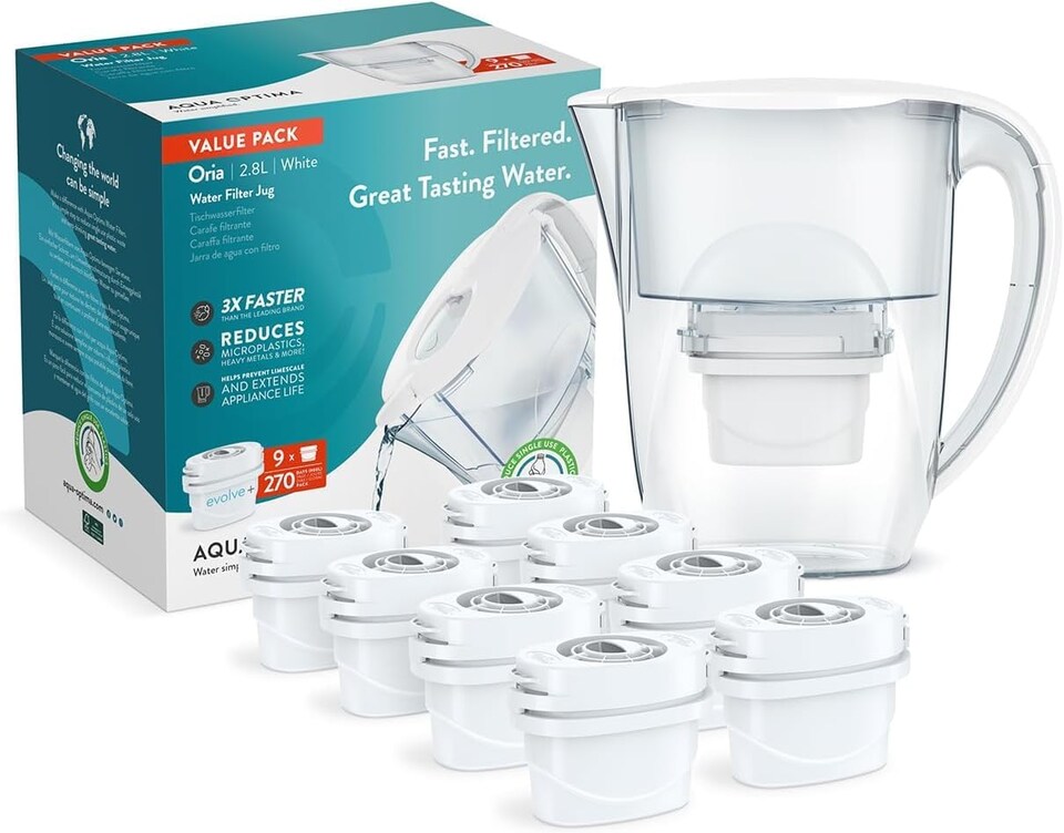 image 1 of Aqua Optima Oria Water Filter Jug & 9 Evolve Filter Cartridges, 2.8L, White - Fridge & Dishwasher Friendly - Reduces Limescale, Chlorine and Other Impurities - By Laica (Packaging May Vary)