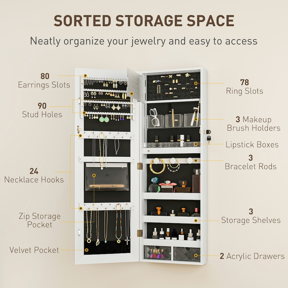 image 1 of HOMCOM Door Hanging or Wall Mounted Jewellery Cabinet w/ Mirror Black Lining Black