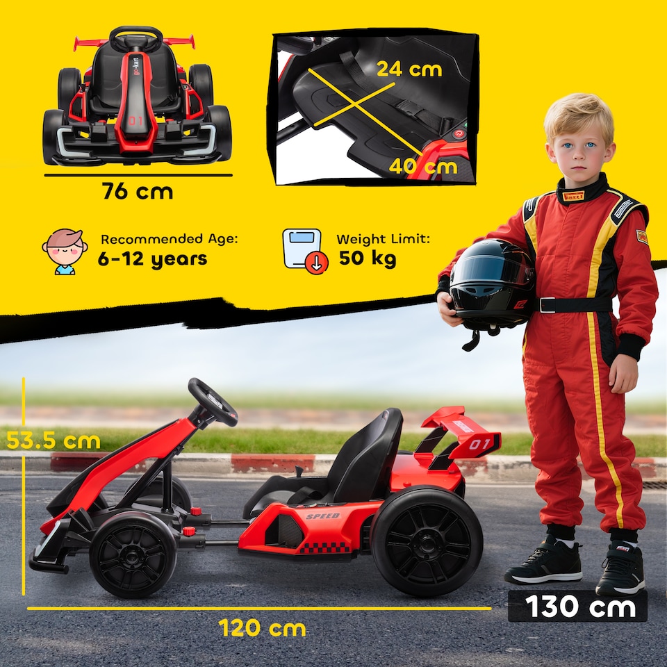 image 1 of HOMCOM 24V Electric Drifting Go Kart for Kids with Adjustable Seat, Red