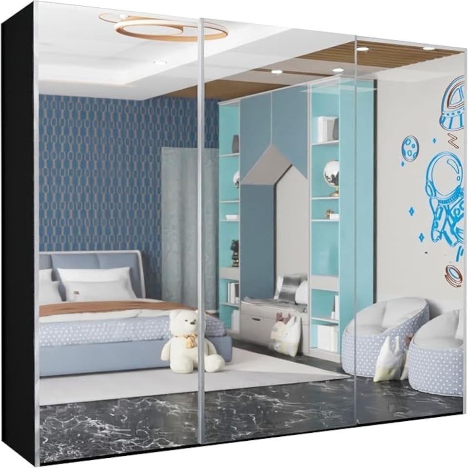 image 1 of Expansive 250cm 3-Door Sliding Mirrored Wardrobe with Integrated Drawers | White, Black, Grey Finish Black | Black250cm