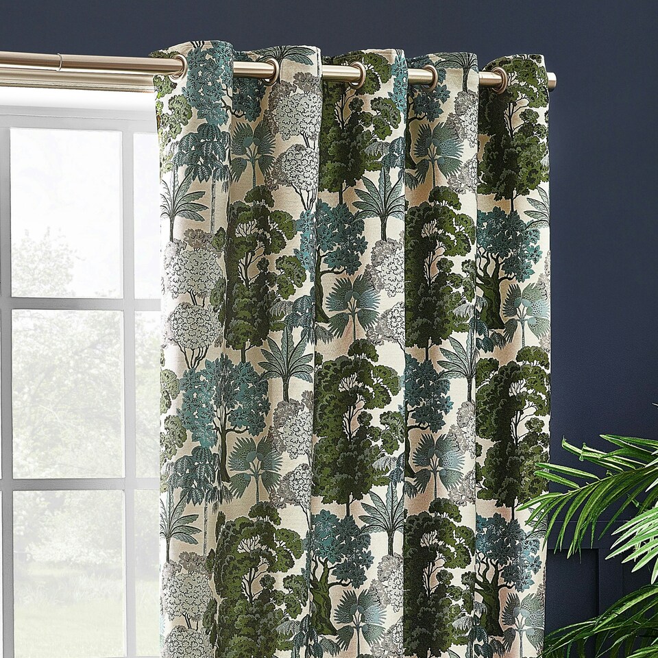 image 1 of Wylder Woodlands Floral Jacquard Green Eyelet Curtains (W)117cm x (D)137cm | Multi