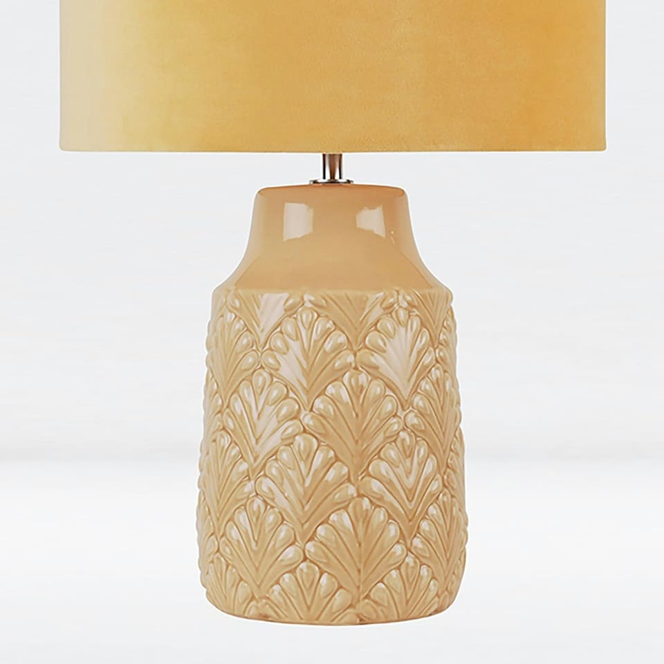 image 1 of First Choice Lighting Peacock Glazed Ceramic Lamp with Ochre Velour Shade Yellow | Yellow