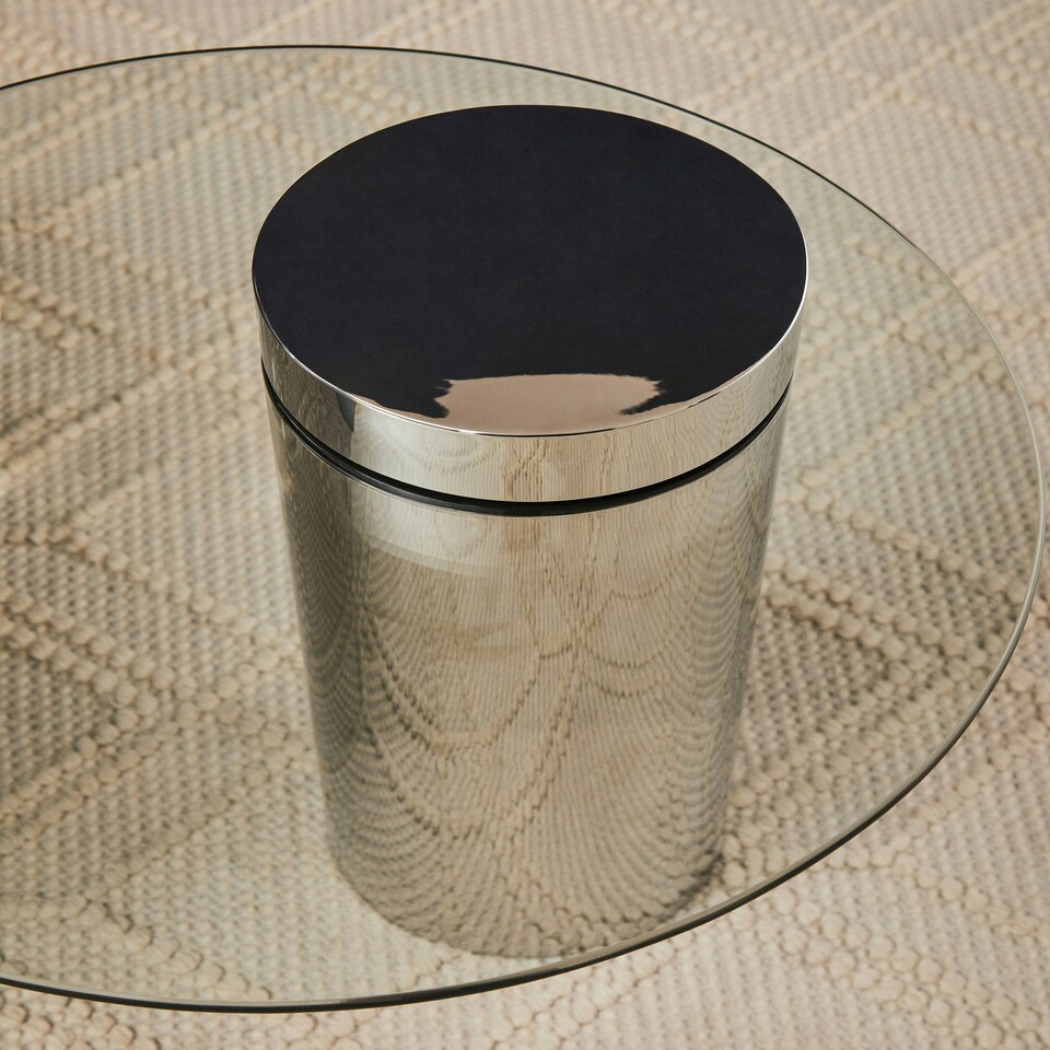 image 1 of Interiors by Premier Clear Glass Side Table with Silver Base, Round Tempered Glass C‑Shape Accent Table, Steel Silver‑Finish Silver