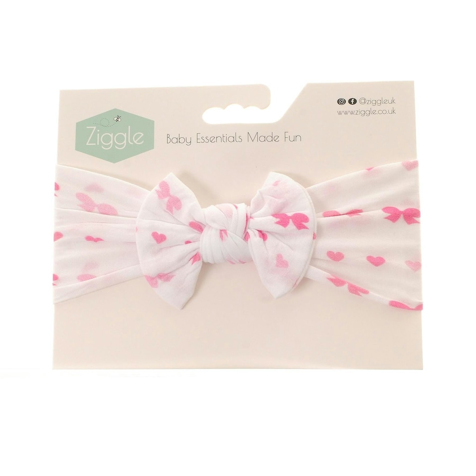 Ziggle Baby Top Bow Turban Headband - Hearts & Bows | White | Pink | 1