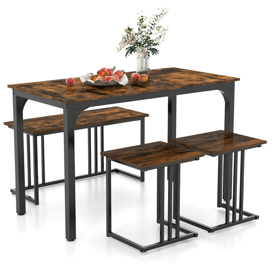 image 1 of COSTWAY 4-Piece Dining Table Set W/ Bench & 2 Stools Brown